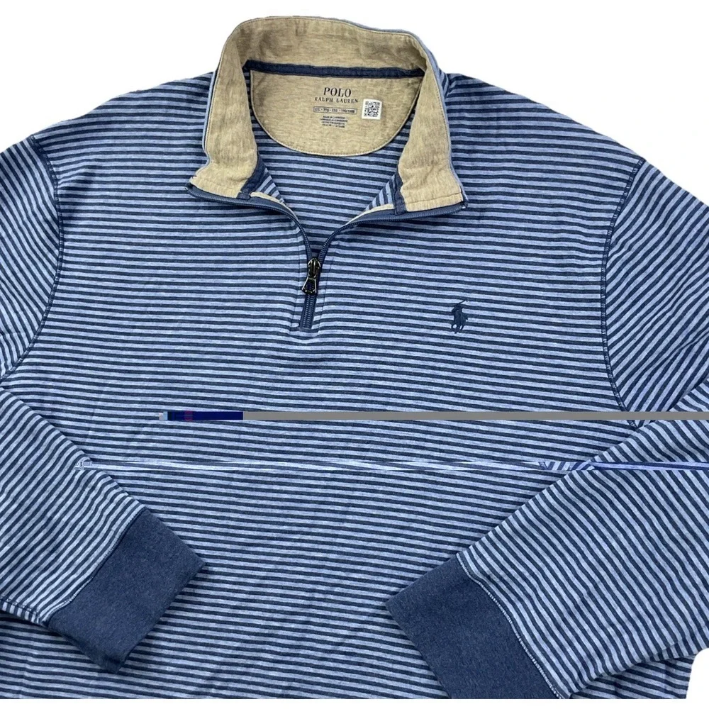 Polo Ralph Lauren Sweater Men Sz 2XL 1/4 Zip Striped Jersey Pullover Blue Pony